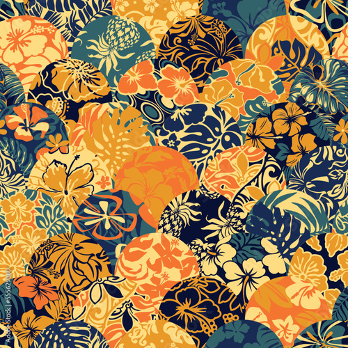 Tropical plant leaves and flowers Hawaiian style vector seamless patchwork pattern