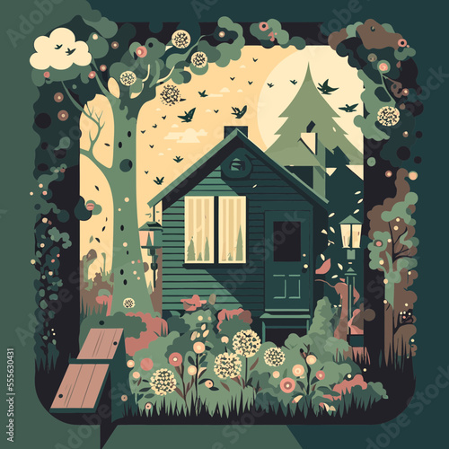 Illustration of a wooden hut in a forest.