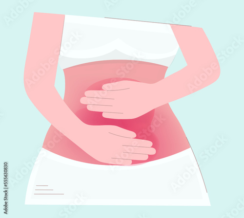 Woman with severe abdominal pain. Painful periods, appendicitis, premenstrual syndrome, menstrual cramps, constipation or diarrhea. The girl holds her hands on her stomach. healthcare concept.