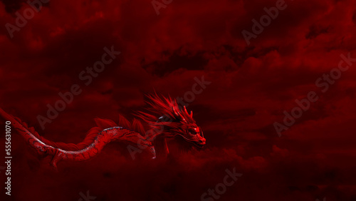 Chinese New Year Concept with Flying Dragon against a Cloudy Sky. Red design with copy-space.