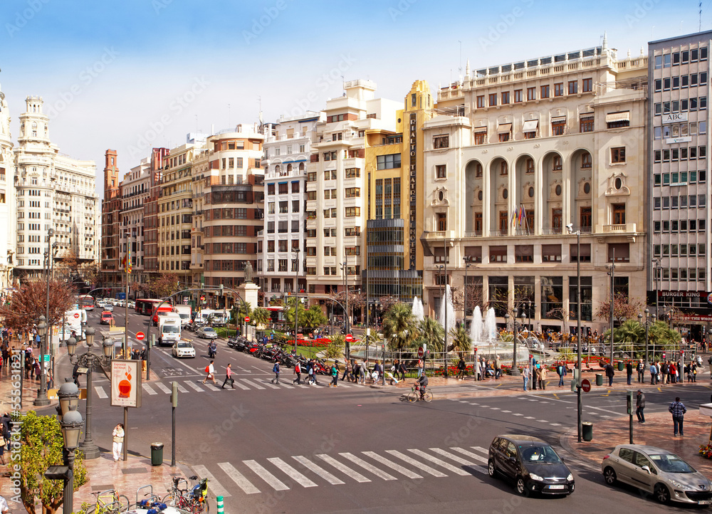 Panoramic view of downtown Old Town, Valencia, Spain with Plaza del Ayuntamiento and the water fountain