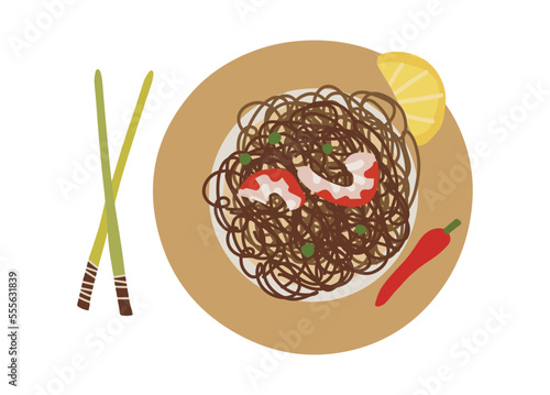 Vector buckwheat wok noodles with shrimp recipe. asian chinese, japanese street food.