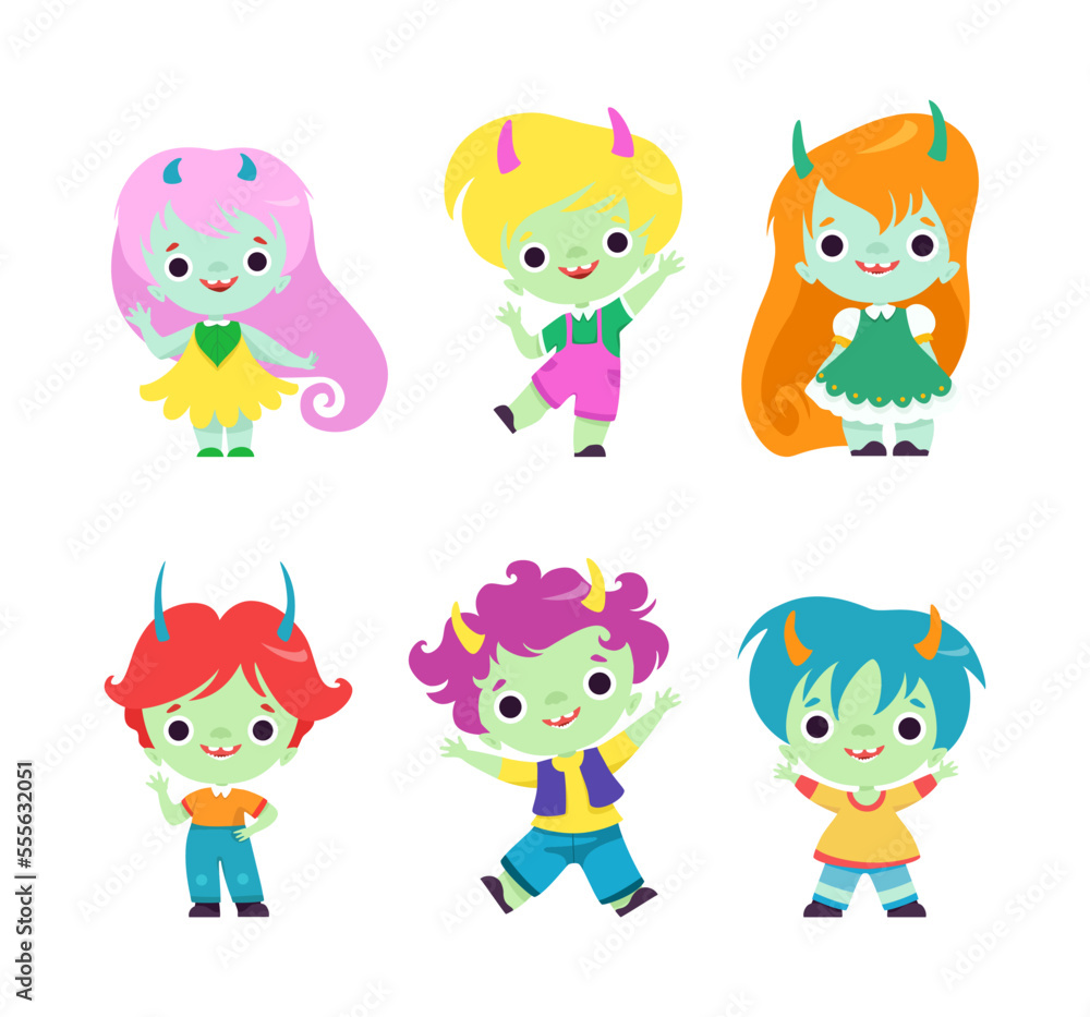 Cute Horned Trolls Boys and Girls as Adorable Smiling Fantasy Creatures Vector Set Cute Horned Trolls Boys and Girls as Adorable Smiling Fantasy Creatures Vector Set