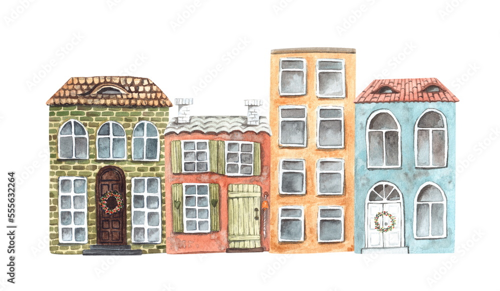 Hand-painted watercolor street of colored houses in the English Victorian style isolated on a white background.