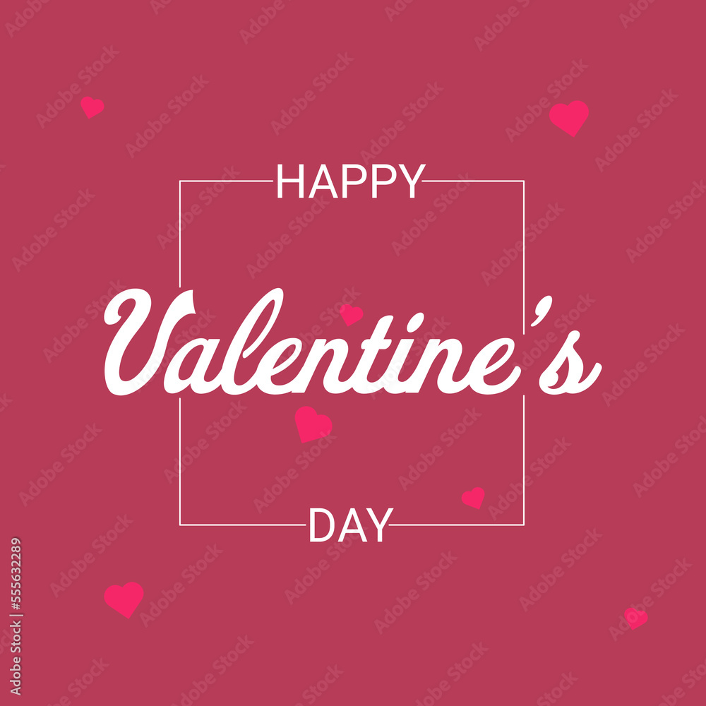 Happy Valentine's Day greeting card on Viva Magenta color background with pink hearts and white frame. Postcard, background. white lettering