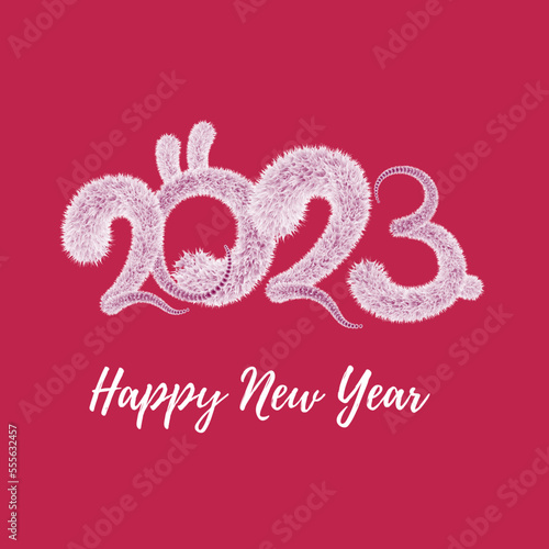 2023 year of the rabbit according to the eastern horoscope - vector fluffy inscription with rabbit ears and tail. New Year 2023, Symbol of the year. viva purple background