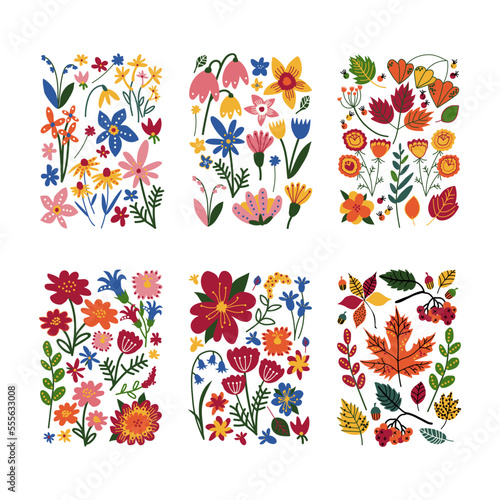 Floral Doodle Rectangular Shape with Colorful Flowers Vector Set