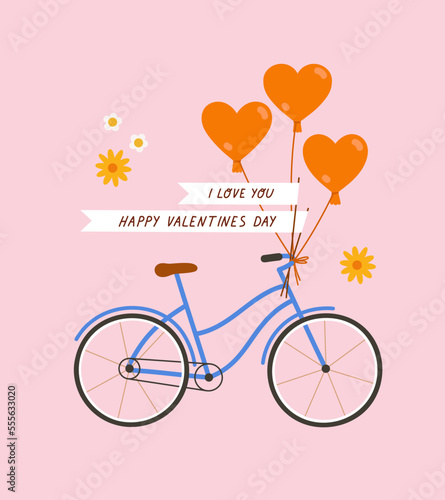 Hand-drawn bicycle with heart balloons, and hand lettering. Concept of valentine's day, romance, gifts, love, romantic surprise, adventures.