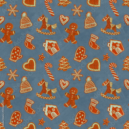 Seamless pattern of hand-drawn homemade Christmas cookies on a dark grey background in a simple doodle style for the design of kitchen textiles and gift wrapping paper.