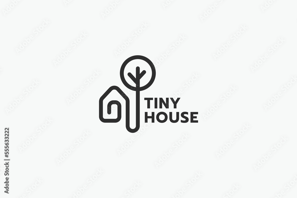 tiny house logo with a combination of a simple tiny house and a tree in outline style
