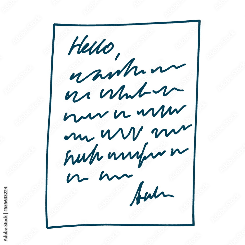 A hand-drawn doodle-style illustration. Imitation of a handwritten letter in blue ink on a white sheet of paper. For the design of stickers and bullet journals. A hand-drawn doodle-style illustration. Imitation of a handwritten letter in blue ink on a white sheet of paper. For the design of stickers and bullet journals.