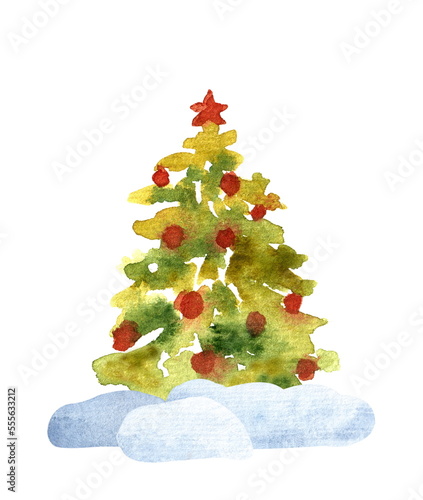 A simple Christmas trees decorated by red Cristmas balls and snowdrift. Watercolor illustrations isolated on a white background.