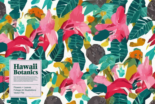 Tropical flowers, jungle leaves. Beautiful vector floral pattern background.