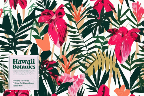 Tropical flowers, jungle leaves. Beautiful vector floral pattern background.