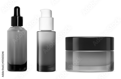 Serum dropper bottle. Pump dispenser cosmetic container design. Skincare bottle set concept. Essence oil eyedropper with collagen airless pump dispenser, isolated on white background