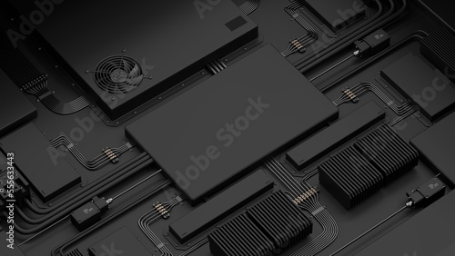 Matte black background with electrical components. Dark technological wallpaper with a layout of blocks and elements. Parts of an industrial computer are connected by wires. 3d illustration