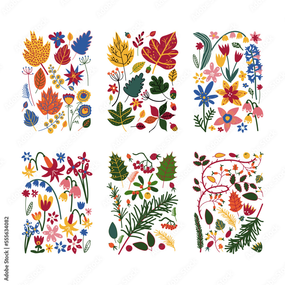 Obraz premium Floral Doodle Rectangular Shape with Colorful Flowers Vector Set