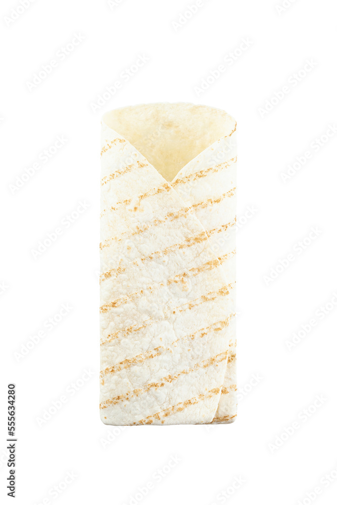 Empty wrap tacos ready to be filled isolated on white background. With clipping path. Full depth of field. Focus stacking