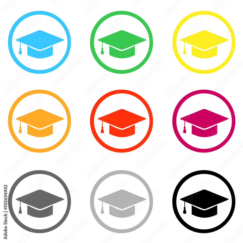 Flat graduation cap icon. Graduation cap sign icon. Higher education symbol. Circle buttons with long shadow. color icons set. Vector illustration
