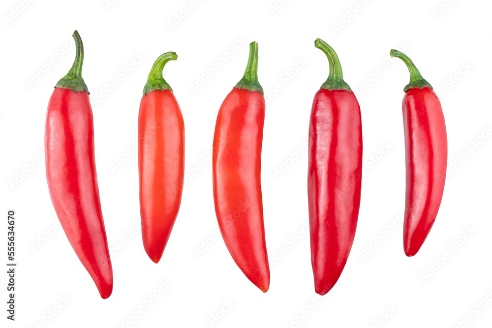 Set of fresh whole red chili pepper isolated on white background. With clipping path. Full depth of field. Focus stacking Set of fresh whole red chili pepper isolated on white background. With clipping path. Full depth of field. Focus stacking