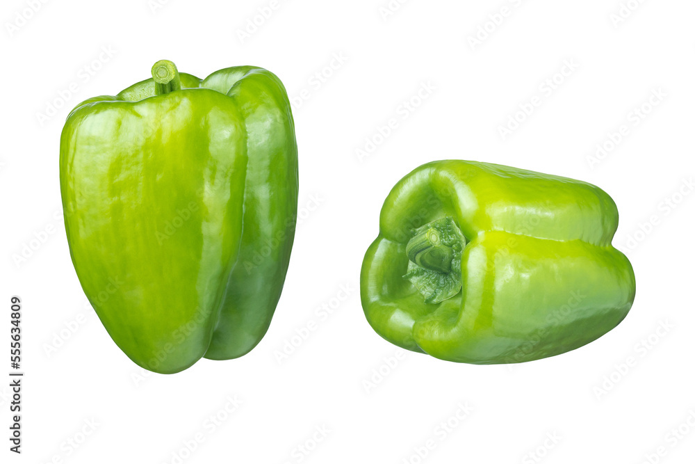 Set of fresh whole green bell pepper isolated on white background. With clipping path. Full depth of field. Focus stacking Set of fresh whole green bell pepper isolated on white background. With clipping path. Full depth of field. Focus stacking