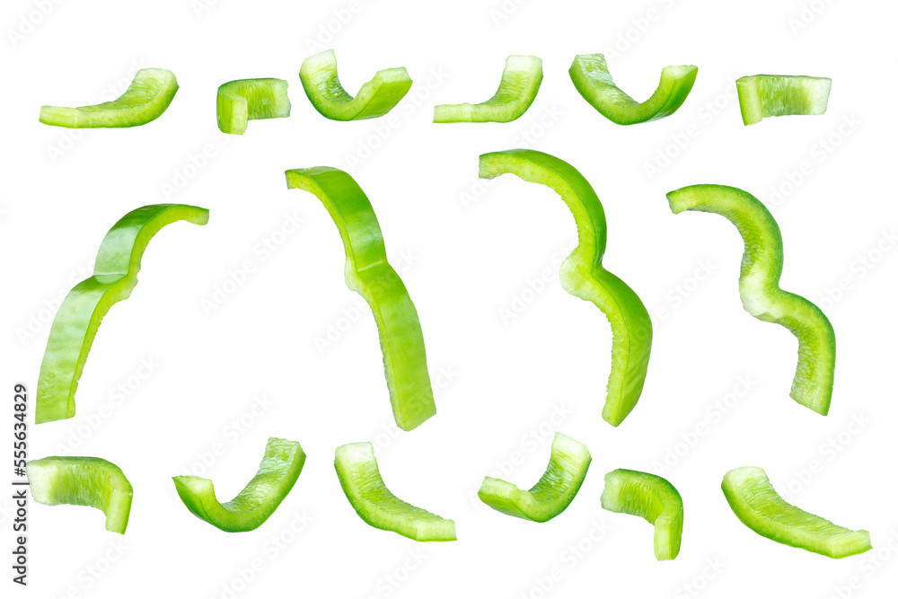 Set of fresh whole and sliced green bell pepper isolated on white background. With clipping path. Full depth of field. Focus stacking Set of fresh whole and sliced green bell pepper isolated on white background. With clipping path. Full depth of field. Focus stacking