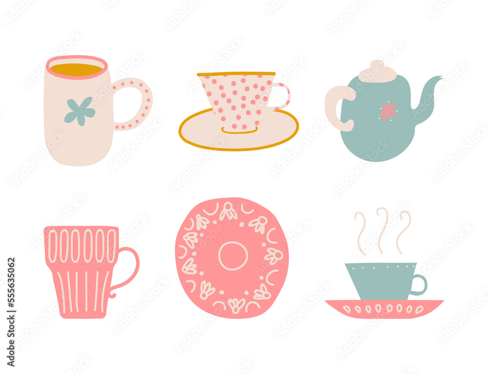 Cute Hand Drawn Teapot, Saucer and Cup for Drinking Tea Vector Set Cute Hand Drawn Teapot, Saucer and Cup for Drinking Tea Vector Set