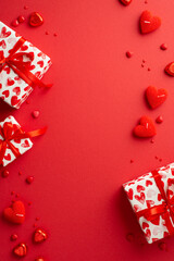 Valentine's Day concept. Top view vertical photo of gift boxes heart shaped candies candles and sprinkles on isolated red background with empty space