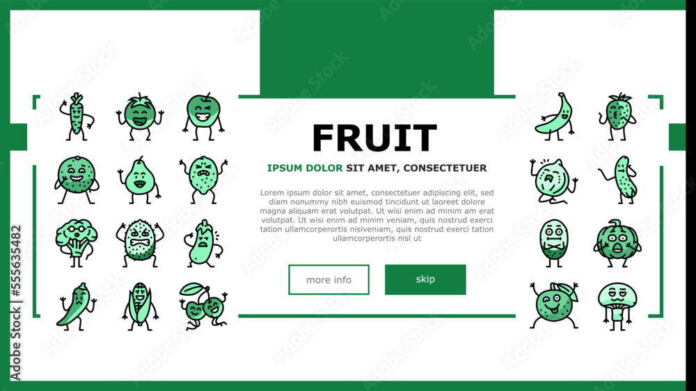 fruit character funny food landing web page vector. happy orange, face strawberry, healthy lemon, smile apple, comic pineapple, banana fruit character funny food Illustration