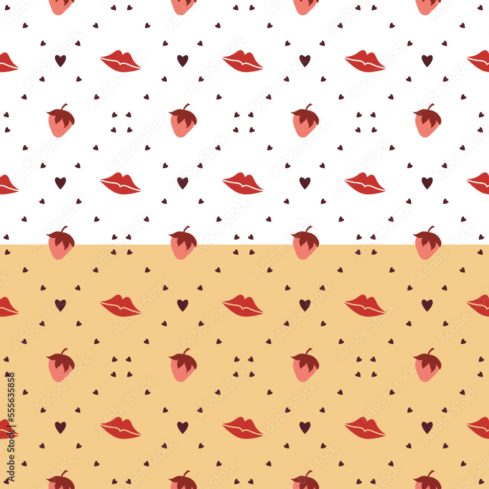 Doodle checkered grid seamless pattern. Hand drawn cartoon style design illustration, cute hearts symbols, lips, strawberry. Pink red color palette.Transparent background. Vector Doodle checkered grid seamless pattern. Hand drawn cartoon style design illustration, cute hearts symbols, lips, strawberry. Pink red color palette.Transparent background. Vector