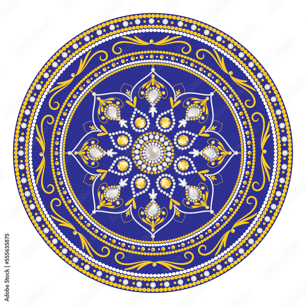 Mandala. Vintage greeting card with gold jewelry and diamond decoration on blue background, wedding invitation or announcement PNG