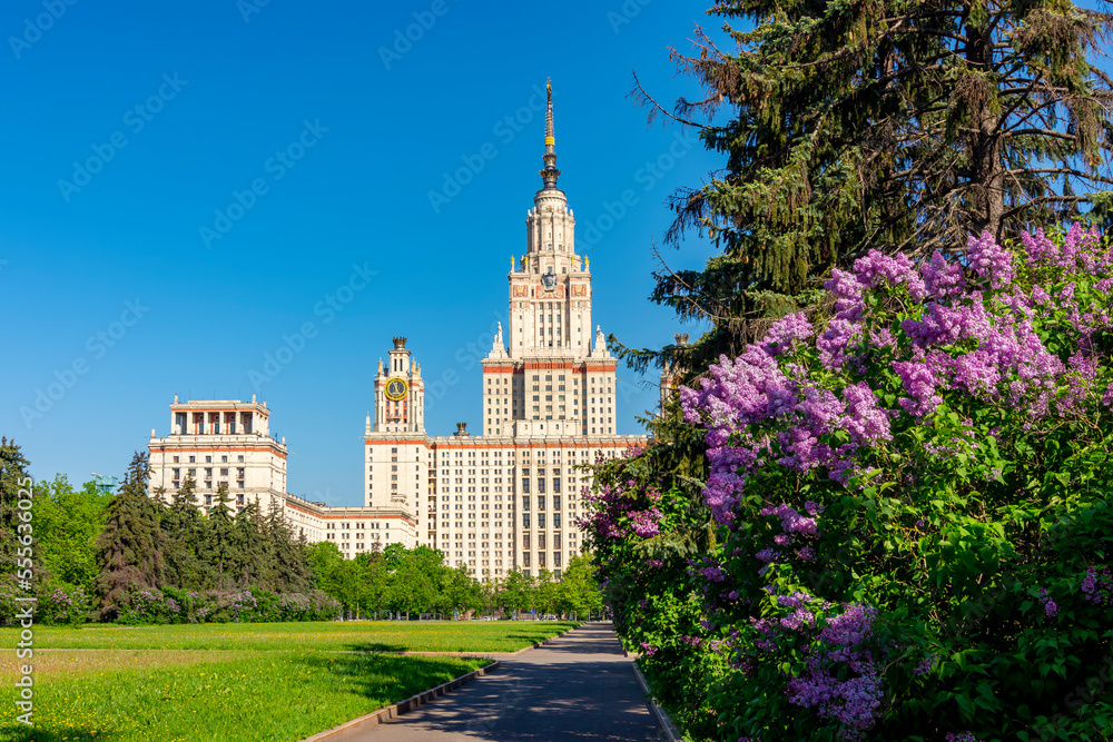 Fototapeta premium Main building of Moscow State University in spring, Russia