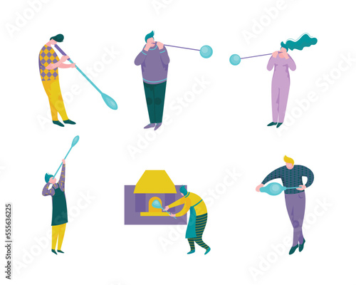 People Characters Glass Blower Inflating Molten Glass into Bubble Vector Set