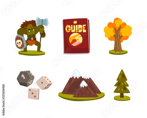 Game of Lord with Dice, Troll, Guide Book, Tree and Mountain Figure Vector Set