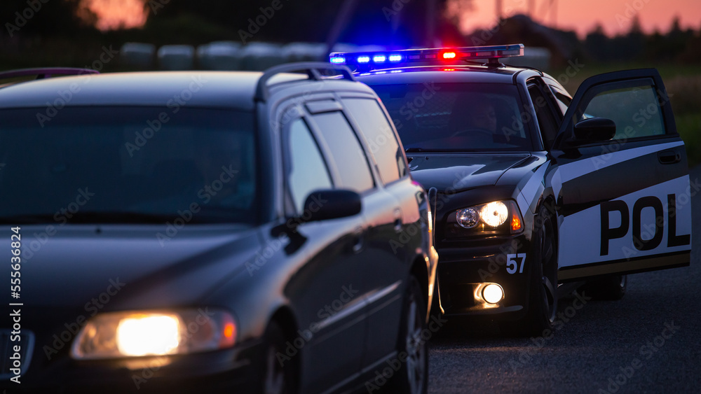 Highway Traffic Patrol Car Pulls over Vehicle on the Road. Male Police Officer Approaches and Asks Driver for License and Registration. Officer of the Law doing Job Professionally. Cinematic Wide Shot Highway Traffic Patrol Car Pulls over Vehicle on the Road. Male Police Officer Approaches and Asks Driver for License and Registration. Officer of the Law doing Job Professionally. Cinematic Wide Shot