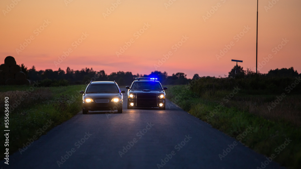 Highway Traffic Patrol Car Chase Criminal in Vehicle. Police Officers Chasing Suspect on Road, Sirens Blazing, Dust Flying. Stylish Cinematic Dawn Shot of Action Scene