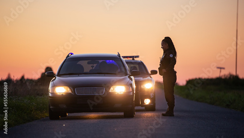 Highway Traffic Patrol Car Pull over, routine Check, Road Inspection Stop. Friendly Black Female Police Officer Smiling, Approaches Vehicle, Asks Driver License and Registration.