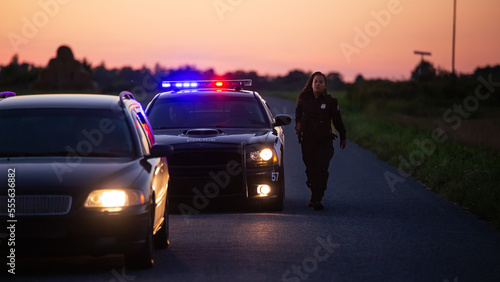 Tablou canvas Highway Traffic Patrol Car Pulls over Vehicle on the Road