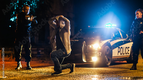 Two Multiethnic Police Officers Aim at a Suspect. Police Using a Weapon to Intimidate Wanted Criminal. Suspect Putting Hands on Head in Compliance. Police Successfully Making an Arrest photo