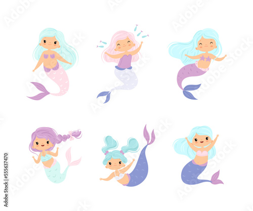 Cute Mermaid with Waving Hair Floating Underwater Vector Set