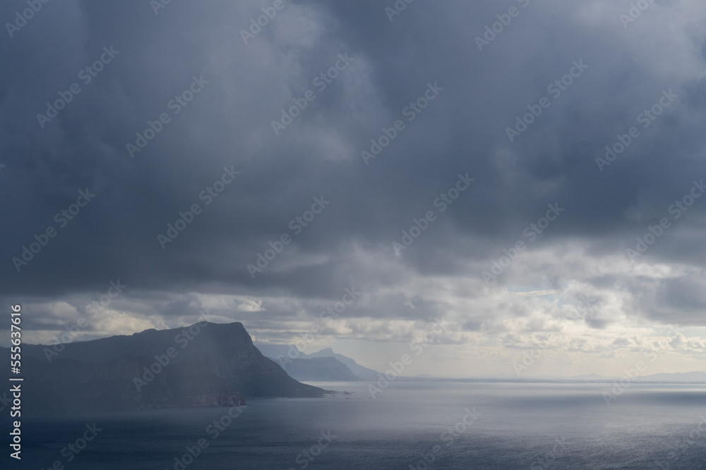 Overview over vals baai, the false bay, from cape point in south africa
