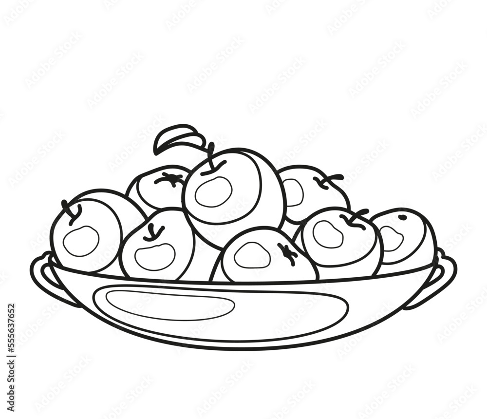 A plate of apples. Black and white vector image. Coloring. A plate of apples. Black and white vector image. Coloring.