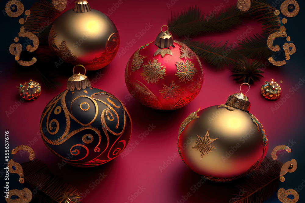 Christmas decorations with baubles on red background, Generative AI Christmas decorations with baubles on red background, Generative AI