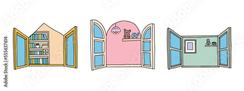 開いている窓のイラスト　インテリア