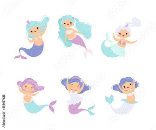 Cute Mermaid with Waving Hair Floating Underwater Vector Set