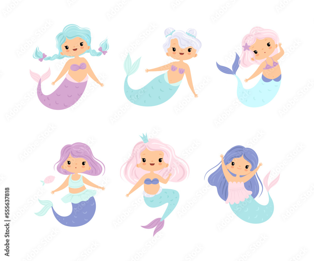Cute Mermaid with Waving Hair Floating Underwater Vector Set Cute Mermaid with Waving Hair Floating Underwater Vector Set