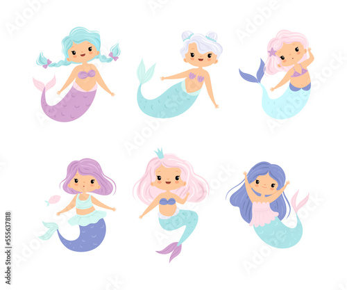 Cute Mermaid with Waving Hair Floating Underwater Vector Set