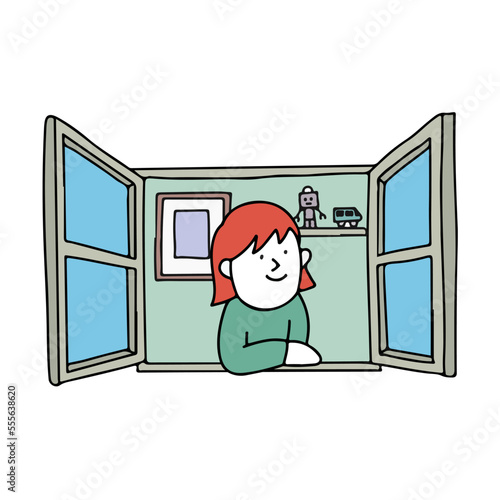 窓を開けて笑っている子供のイラスト