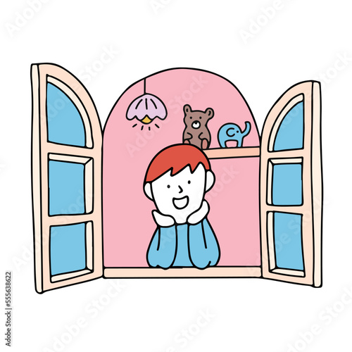 窓を開けて笑っている子供のイラスト