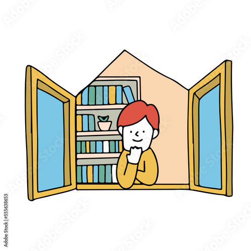 窓を開けて笑っている子供のイラスト